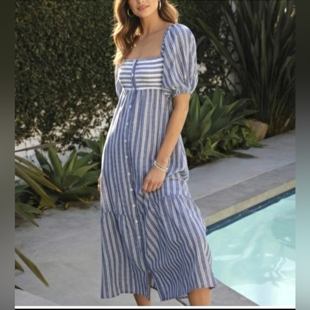 Emerson Fry x Love Tomas Striped Puff Sleeve Smocked Cotton Midi Dress Blue XS/S